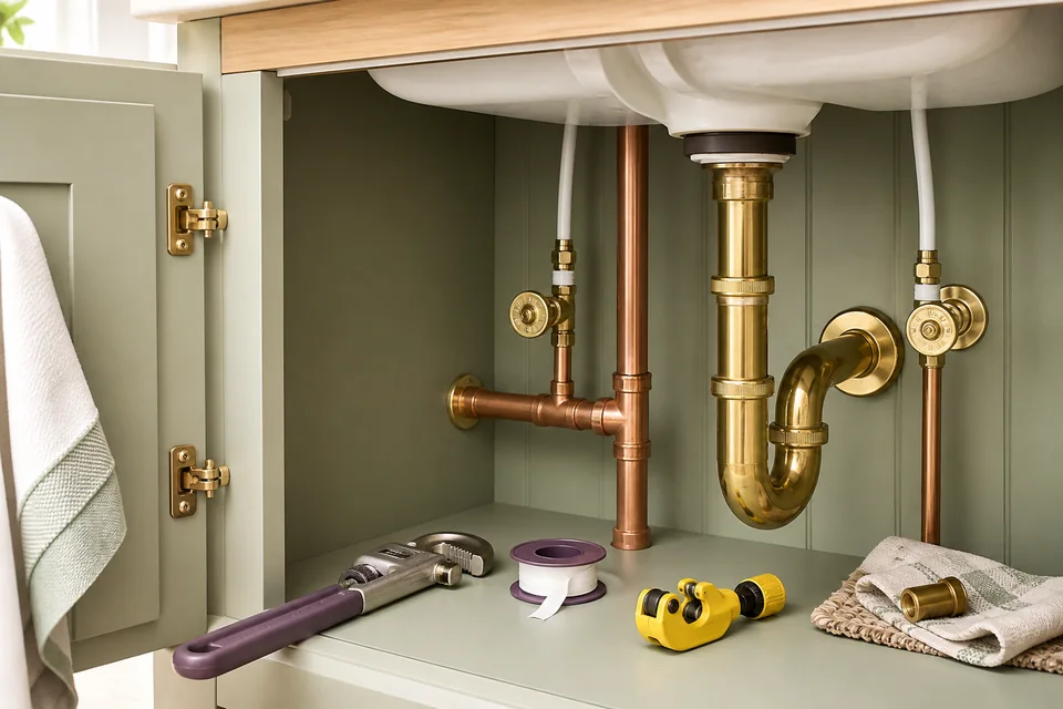 New copper and brass under-sink plumbing with professional tools