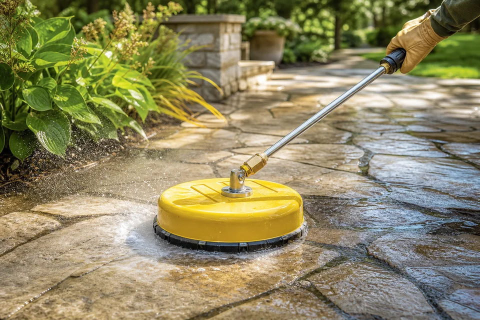 Yellow pressure-washing surface cleaner restoring a stone patio