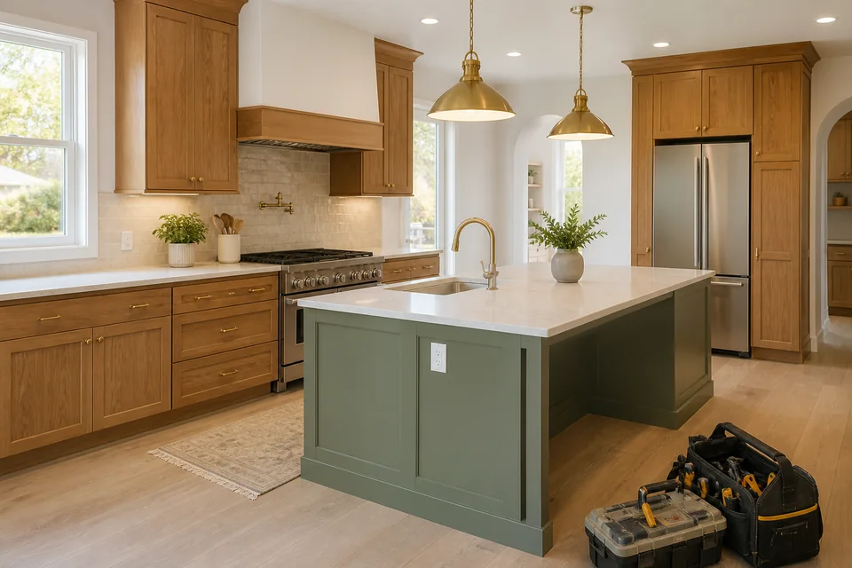 Freshly completed kitchen remodel with oak cabinetry and a sage island