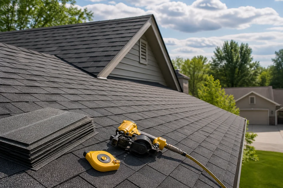 New charcoal shingle roof with professional roofing tools