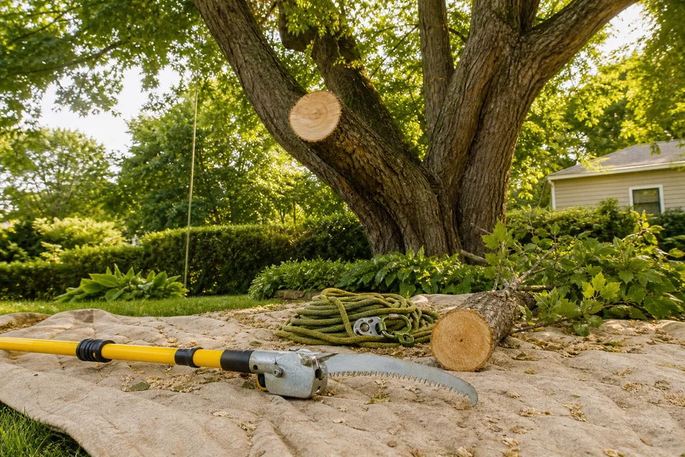 Freshly pruned mature tree with a professional pole saw and climbing ropes